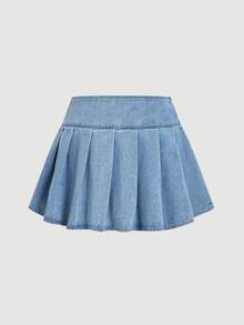 SHEIN MOD Women's Casual Pleated Denim Mini Skirt, Summer - Blue - View 2
