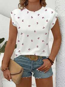 EMERY ROSE New Arrival Plus Size Women Casual Versatile Cherry Print Round Neck Cap Sleeve T-Shirt - Multicolor - View 4