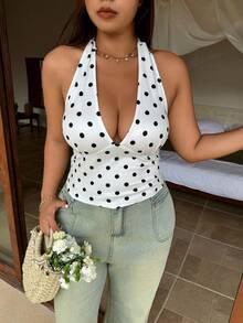 SHEIN EZwear 大码波点印花系带露背无袖上衣 - 黑與白 - 查看 8
