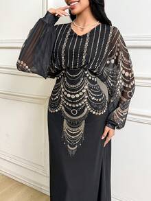 Al Najma 女士V领印花优雅长袖阿拉伯连衣裙 - 黑色 - 查看 1