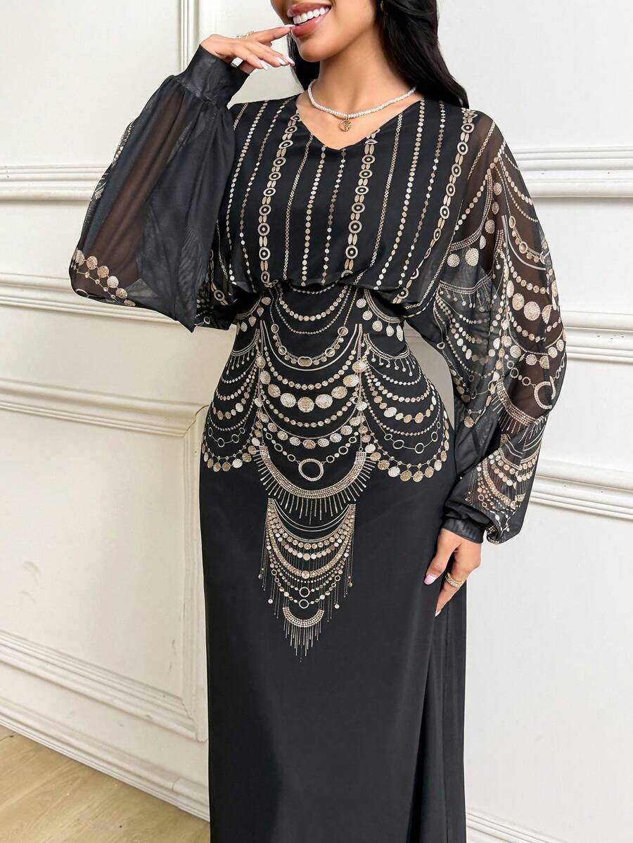 Al Najma 女士V领印花优雅长袖阿拉伯连衣裙 - 黑色 - 查看 1