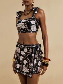 SHEIN Veneréa 3pcs Women's Summer Vacation Black Floral Print Tie-Up Bikini Set & Beach Skirt Swimsuit - Black - View 4