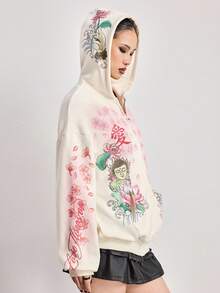 ROMWE Áo nỉ dáng rộng in họa tiết hoa tượng hình Phật cổ điển Y2K Streetwear dành cho nữ - trắng - Xem 3