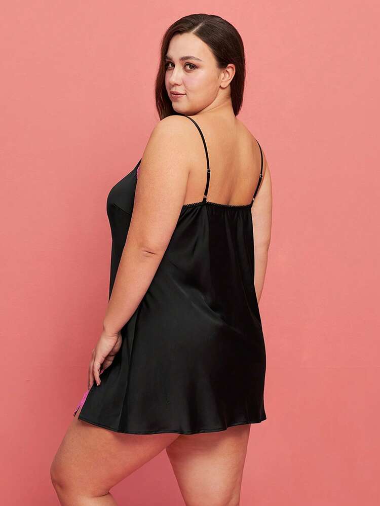 Plus Size Satin Lace Trim Pink Strappy Nightdress