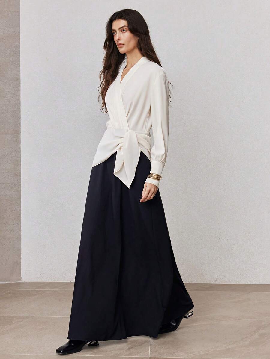 ZEYLAH Color Block Tie-Up Wrap Long Dress, Spring - Apricot - View 1