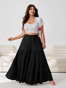 SHEIN EZwear Quần palazzo dài size lớn màu đen phong cách boho mùa hè cho kỳ nghỉ, dáng rộng thoải mái, cạp chun, gấu xếp tầng bèo nhún, phù hợp đi tiệc, hẹn hò và du lịch - màu đen - Xem 5