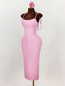 Amplova Đầm ôm sát dáng suông, cổ rộng, dây mảnh, thắt nơ, hở lưng, xếp ly, xẻ tà cao. - Hồng - Xem 4