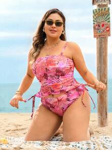 Swim Vcay Plus Size Women Tropical Plant Print Tankini Swimsuit Set - Multicolor - View 6