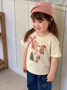 DAZY Toddler Girls' Round Neck Cartoon Christmas Bow Print Top - Apricot - View 5