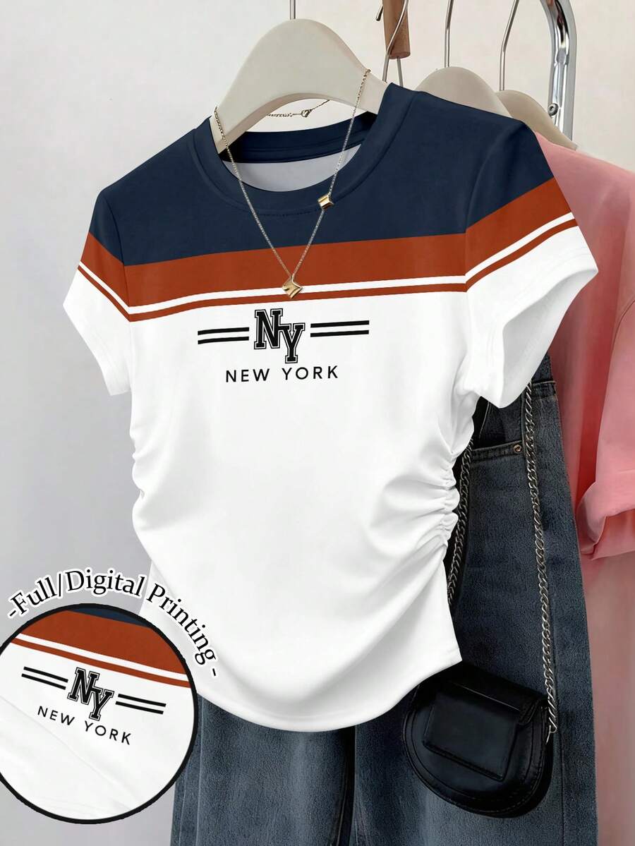 Resyla 女士收腰短袖修身褶皱腰部上衣 纽约字母印花图案短袖条纹T恤 - 彩色 - 查看 1