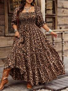 Ceyna Rochie de damă de mărime mare, primăvară/vară, cu imprimeu leopard, decolteu pătrat, mânecă jumătate, talie, linie A, pliată - Multicolor - Vizualizare 1
