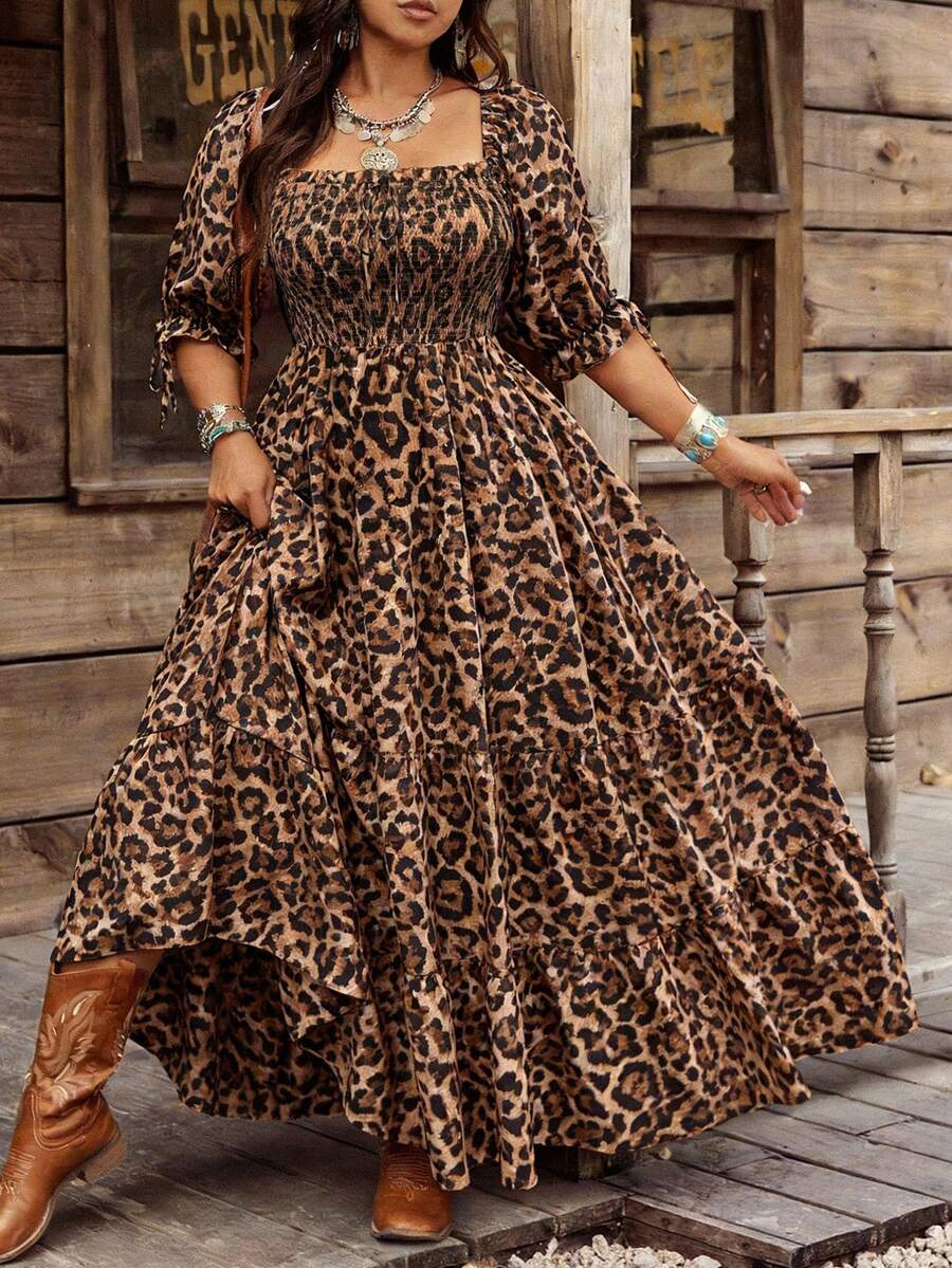 Ceyna Rochie de damă de mărime mare, primăvară/vară, cu imprimeu leopard, decolteu pătrat, mânecă jumătate, talie, linie A, pliată - Multicolor - Vizualizare 1