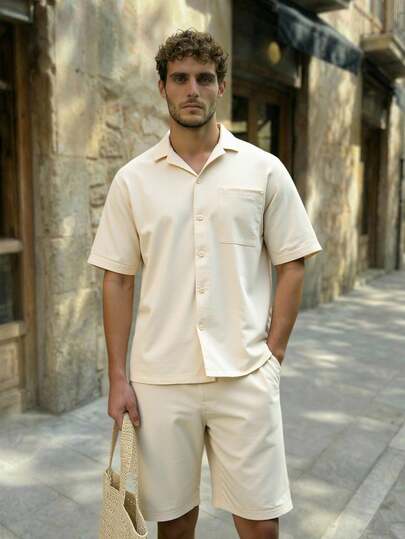 HIMLAND Men's Short Sleeve Single-Breasted Shirt And Shorts Casual Suit Multi-Piece Set  Daily Essential Wardrobe Staple Basic Style All-Match Style Go-To Piece Mix-And-Match Item Casual Versatile Style Daily Essential Wardrobe Staple Basic Style All-Match Style Go-To Piece Mix-And-Match Item Casual Versatile Style  Summer Wardrobe Essentials Casual Outfit Ideas Laid-Back Look Tape Design