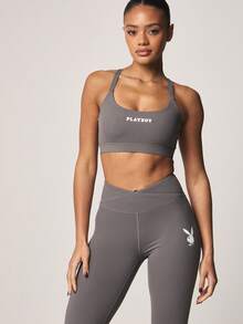 Missguided x Playboy High Waisted Cross Over Waist Full Length Fitted Sports Leggings With Small Logo Print For Active Lifestyle Workout Training Exercise - Grey - View 3