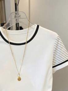SHEIN Women's Casual Striped Patchwork Round Neck Short Sleeve T-Shirt, Summer - White - View 3