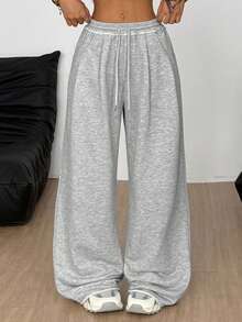 Coolane 大码休闲纯色抽绳腰裤 - 灰色 - 查看 5