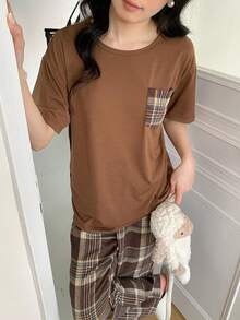 2件套少女休闲宽松落肩短袖上衣和复古格子裤家居服套装 - 咖啡棕 - 查看 5