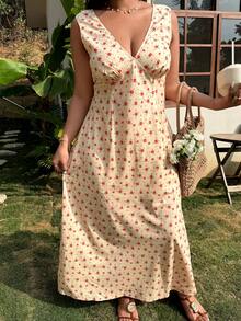Comfortcana 大码女士休闲奶油色碎花中长连衣裙，适合日常穿着和度假，乡村风格 - 黃色 - 查看 5