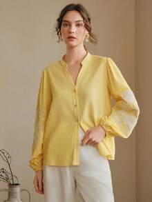 Anewsta Women's Embroidered Blouse, Fresh And Elegant , Delicate Embroidery, V-Neck Lantern Sleeve, Loose And Slimming Long Sleeve Top - Yellow - View 3