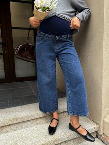 SHEIN Jeans premaman a vita elastica, ampi, in colore unito, con tasche, versatili, adatti per primavera-estate, San Valentino, carnevale, pendolarismo, vacanze, laurea, stile Y2K carino, feste, matrimoni, eleganti e casual, comodi, taglie comode, in misto cotone traspirante e vestibilità morbida per donne in gravidanza - Blu - Visualizzare 9