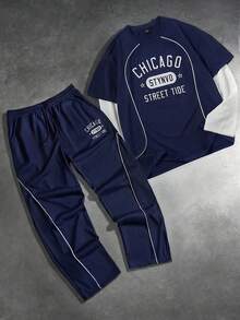 STYNVO 男士二合一长袖圆领T恤和长裤套装，撞色滚边，字母印花设计 - 寶藍色 - 查看 3