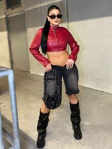 Dayanna Comas 女士秋冬街头服饰 狂欢嬉皮运动休闲 Y2K 基本款皮革舒适拉链勃艮第红色修身短款长袖夹克 - 紅色 - 查看 4