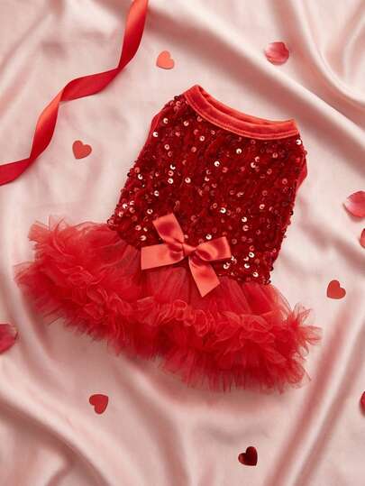 PETSIN 1 pieza Vestido de princesa con lentejuelas y malla para mascotas para el Día de San Valentín