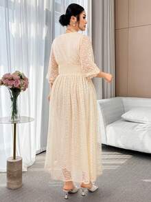 Modelyn Đầm dự tiệc cỡ lớn dành cho nữ, kiểu dáng thanh lịch, xếp ly, phối ren, đính cúc, thắt eo. - Màu be - Xem 3