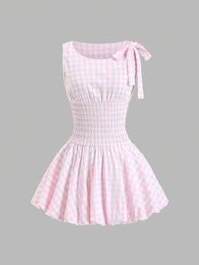 Sweetra Women's Pink Plaid Ruffled Mini Skirt With Bow, Cute & Sweet, Flattering, Versatile Y2K Academic Style, Casual For Spring/Summer, School/Vacation - Pink - View 1