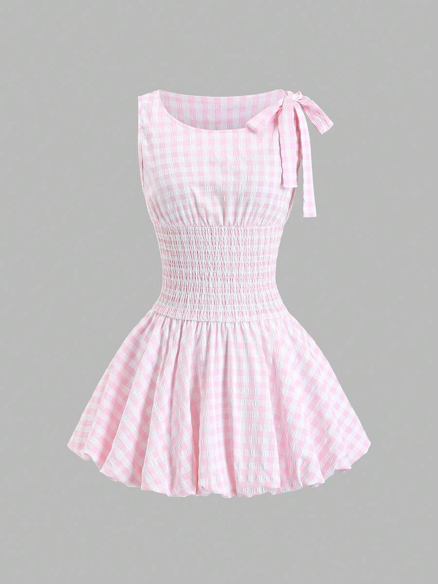 Sweetra Women's Pink Plaid Ruffled Mini Skirt With Bow, Cute & Sweet, Flattering, Versatile Y2K Academic Style, Casual For Spring/Summer, School/Vacation - Pink - View 1