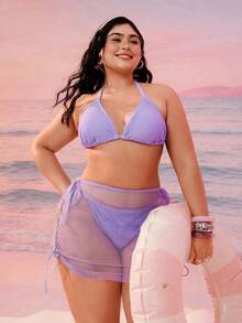 Swim Vcay 新款加大码女式三件套比基尼，紫色网纱，三角上衣，系带下装，网纱迷你裙，泳衣 - 紫色 - 查看 3