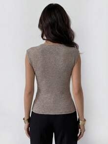 Firerie 女士新款花卉网眼针织罗纹设计独特V领无袖背心，新款褶裥收腰显瘦上衣，重叠V领上衣，褶裥收腰上衣，优雅通勤装，春/秋/冬，优雅，通勤，休闲，日常，简约，工作 - 卡其色 - 查看 7