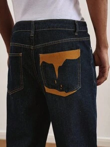 TOKVUE Men's Fashionable Street Style Embroidery Design Casual Washed Straight Leg Loose Jeans Men Wide Leg Jean Dark Wash Jeans Mens Jeans - Dark Wash - View 3