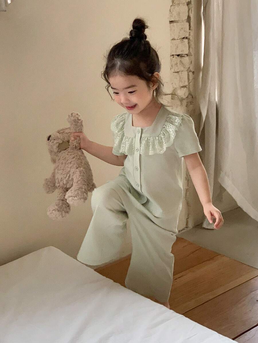 DAZY Toddler Girls Lace Ruffle Trim Casual Long Sleeve Top And Pants 2 Pieces Pajama Set Spring - Green - View 1