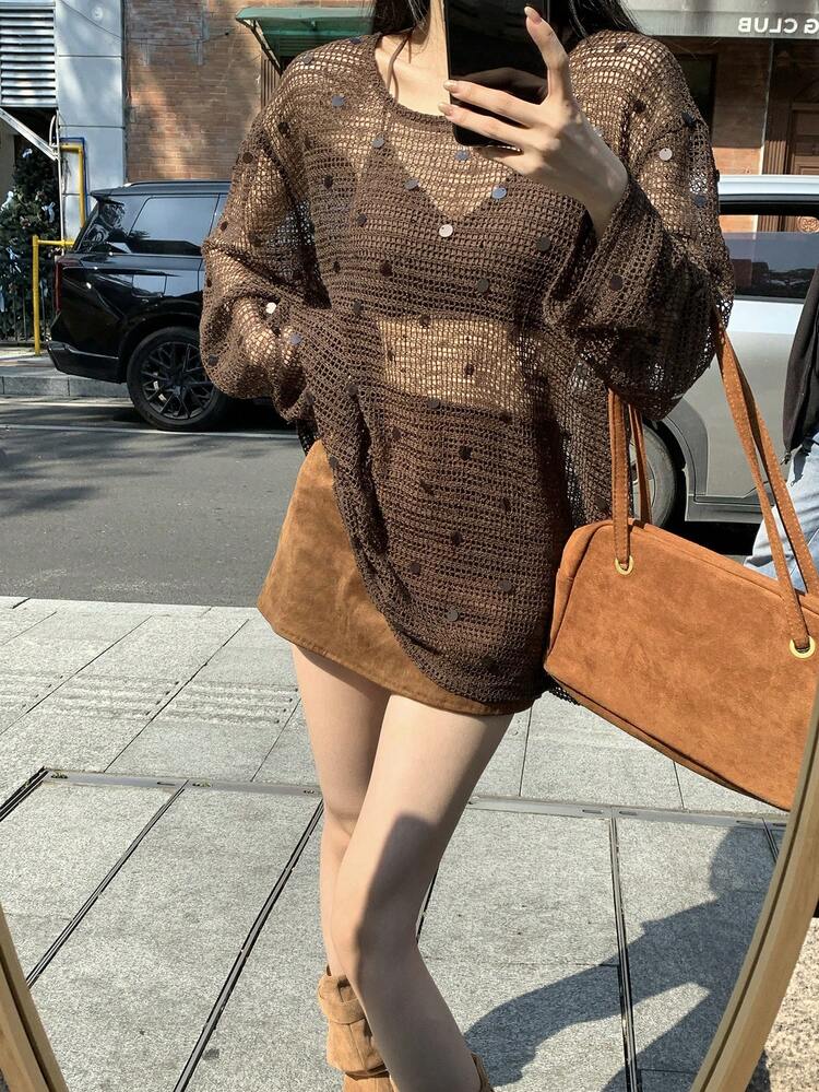 Women's Sequin Embellished Round Neck Long Sleeve Korean Style T-Shirt, Summer