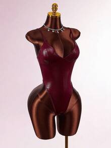 Amplova Women's Snake Skin Texture Glossy Coated Bustier Bodysuit, Sexy & Avant-Garde Alligator Skin Print Bodysuit Wine Red Bodysuit - Burgundy - View 4