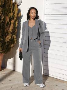 Yess Loren 2 件套女士纯色前扣长袖口袋翻领上衣和裤子休闲套装秋冬