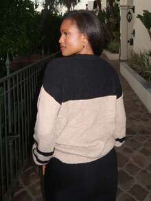Tyla Gomez Color Block Drop Shoulder Sweater,Long Sleeve Tops Knit Pullover Fall Winter Outfit - Mocha Brown - View 2