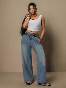 Freevana Plus Size Casual Washed Rhinestone Decor Wide Leg Jeans, Summer, Summer, Spring, Spring Women, Carnival, Carnival Costume, Party , Beach , Going Out, For Date, Party, Cocktail, Formal Events, Vacation, Office, Work, Commute, Wedding Guest, And Western Festival - Blue - View 6