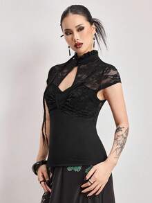 ROMWE Avant 新中式蕾丝拼接修身女式衬衫 - 黑色 - 查看 5