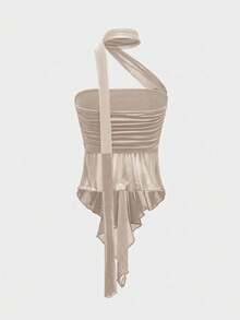 ROMWE Goth Top bandeau con bufanda desmontable de malla con pliegues laterales sexy para mujer - Caqui - Ver 2