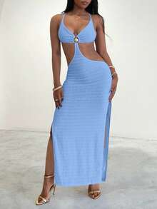 Amplova Shell Metal Decor High Slit Women Dress - Baby Blue - View 3