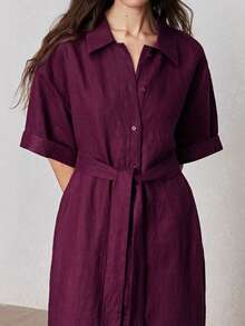 ZEYLAH 100%亚麻衬衫领宽松系带长连衣裙，春季 - 酒紅色 - 查看 2