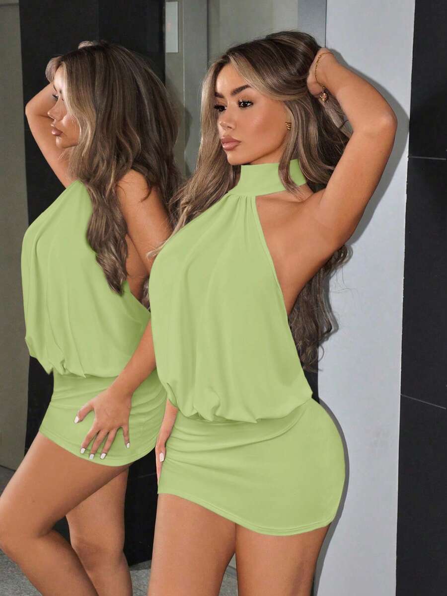 SHEIN ICON High Neck Backless Ruched Bodycon Mini Dress ,Summer Dress - Mint Green - View 1