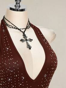 SHEIN ICON Rhinestone Halter Backless Bodysuit, Sexy Tight Fit Sleeveless For Women - Brown - View 6