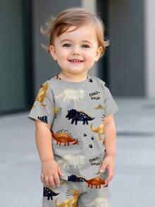 Áo thun ngắn tay cổ tròn in hình khủng long hoạt hình dễ thương, kiểu dáng thường ngày cho bé trai, thích hợp mặc mùa hè. - Nhiều màu - Xem 2