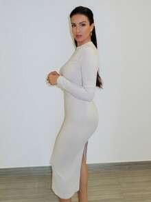 MDEdit Vestido texturizado de malha elástica para outono/inverno feminino, vestido justo com gola alta, vestido com fivela de metal, vestido elegante para mulheres, vestido casual, roupas femininas de outono/inverno, vestido de festa - Damasco - Ver 3