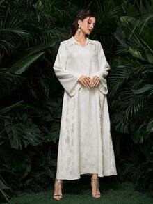 Al Najma 提花纹理面料衬衫领菱形装饰宽松长袖连衣裙 - 杏色 - 查看 7