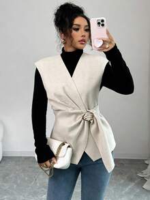 Elenzga 女士不对称系带无袖束腰外套，休闲日常穿着，时尚办公着装，春夏款 - 杏色 - 查看 6