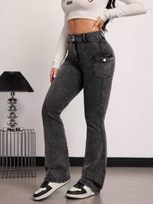 SHEIN Tall Quần jeans ống loe cạp cao có túi, kiểu dáng thường ngày, đa năng dành cho nữ, mùa xuân/hè. - màu đen - Xem 3